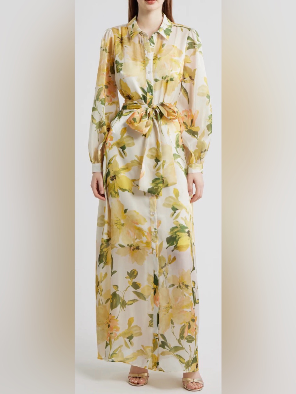 New Julia Jordan Floral Long Sleeve Tie Belt Organza Yellow Multi Shirt Dress 6